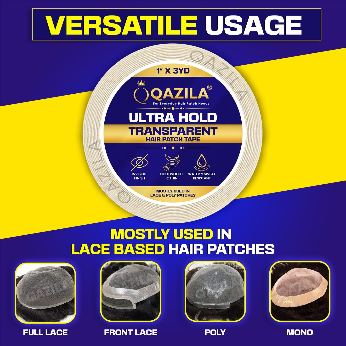 Qazila Ultra Hold Transparent Hair Patch Tape| No shine| Invisible Finish for Undetectable Hairline| Very Stretchy & Comfortable| Extra Strong Hold upto 2 weeks( 20-30 days with Glue)| Skin-Safe | Water & Sweat Resistant | 3 Yard Roll| White